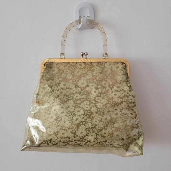 Vintage Plasticized Vintage Purse with Gold Speckled Lucite Handle - Picture 1 of 9